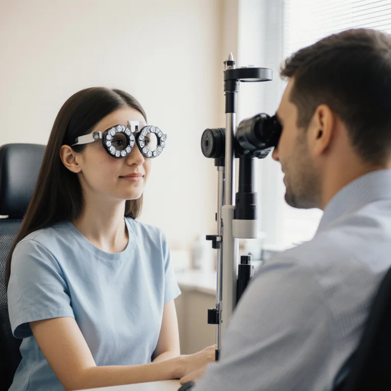 Pre-optometry student shadowing an optometrist in an eye care clinic observing a routine vision examination with a patient