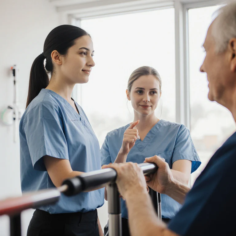 Physical therapy student observing a licensed PT conducting a rehabilitation session with a patient in a clinical setting