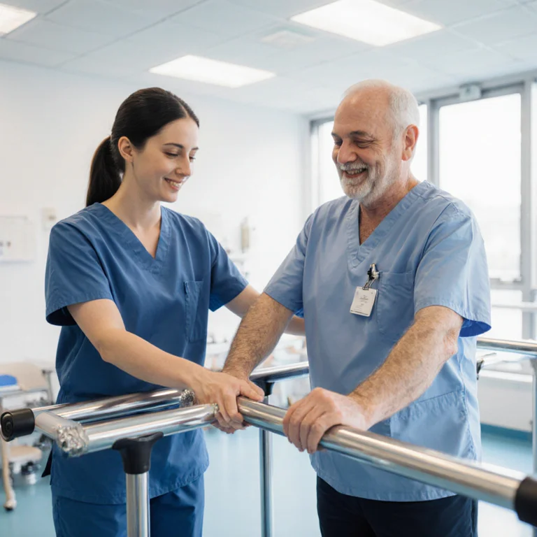 DPT student in scrubs working with a patient on balance and mobility exercises during a clinical rotation at a hospital gym