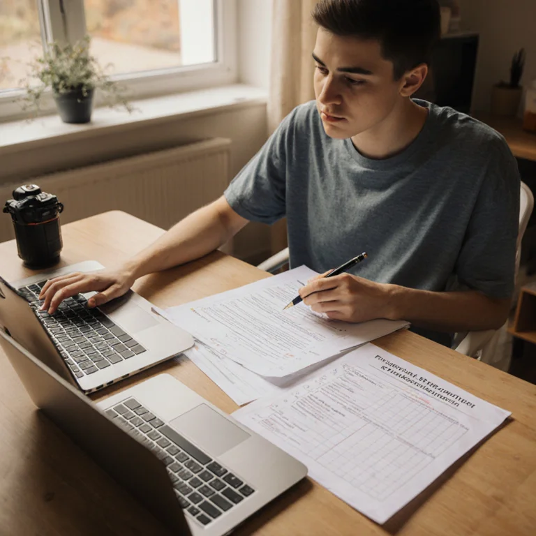 Physical therapy school applicant reviewing PTCAS application requirements and a prerequisite course checklist at a home desk