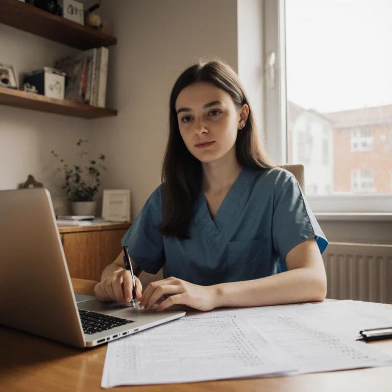 Veterinary school applicant reviewing VMCAS application documents and a prerequisite checklist at a desk with a laptop open