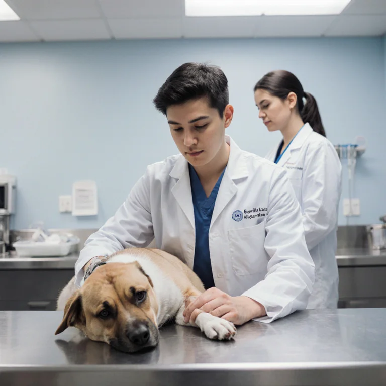 Veterinary student in a white coat examining a dog patient on an exam table at a teaching hospital with a supervisor nearby