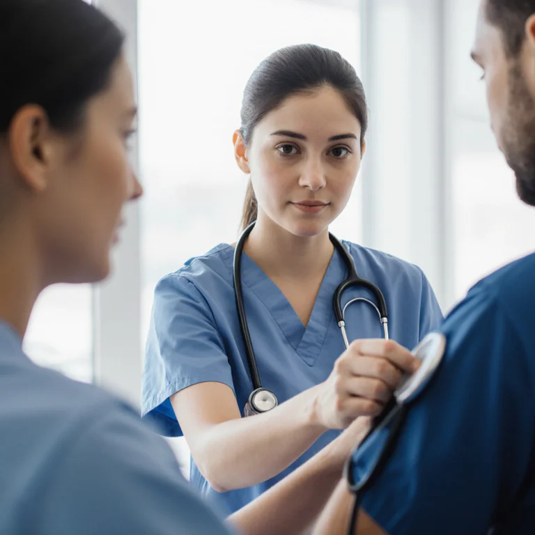 Physician assistant student in scrubs taking patient vital signs during a clinical rotation at a hospital bedside