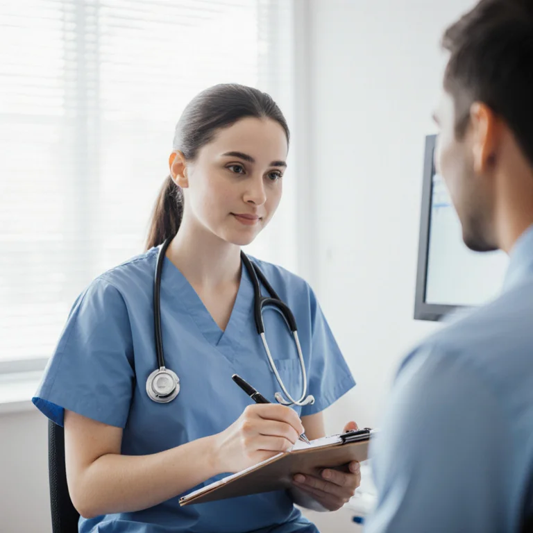 Pre-PA student working as a medical assistant in a clinic taking notes during a patient consultation with a supervising physician