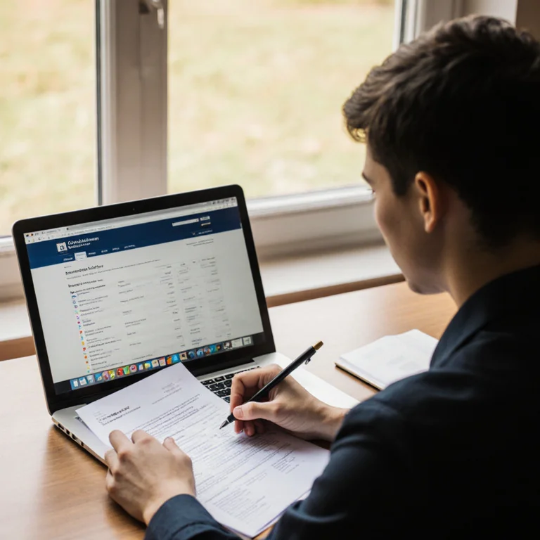 Law school applicant reviewing a printed LSAC academic summary report at a home desk beside a laptop with application documents