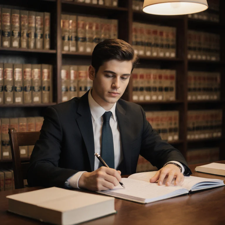Law student in a suit reviewing case files and legal briefs at a law school library desk under warm overhead lighting