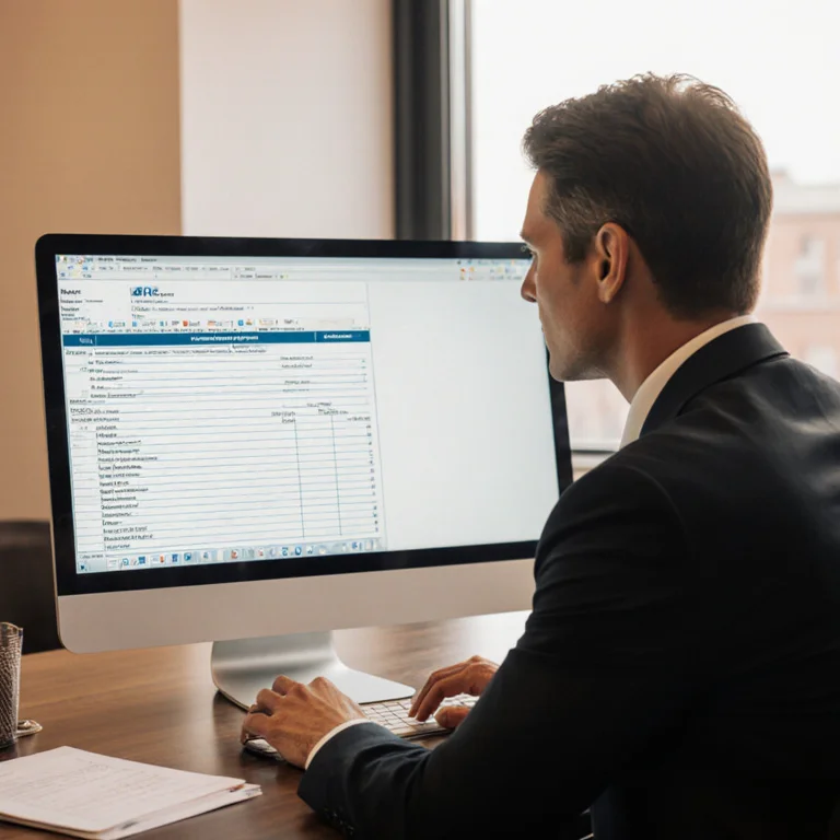 HR professional at a computer reviewing a candidate's background check education verification report in a modern office setting