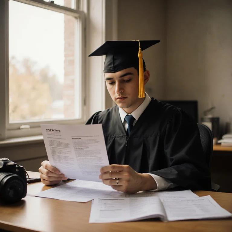 Recent college graduate reviewing their resume at a desk deciding whether to include their GPA with printed job listings nearby