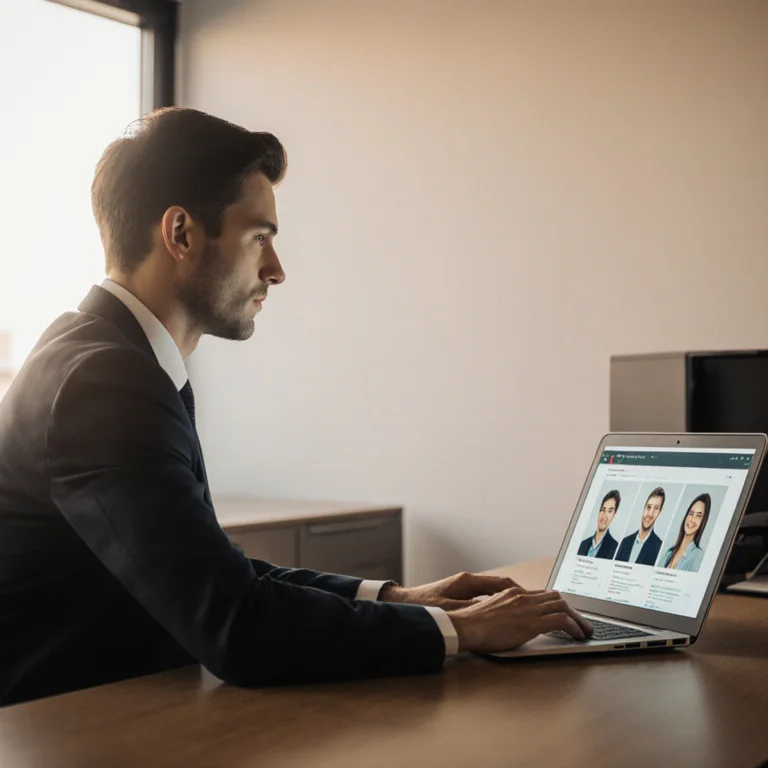 Recruiter reviewing candidate LinkedIn profiles on a laptop screen in a modern office looking for qualified applicants