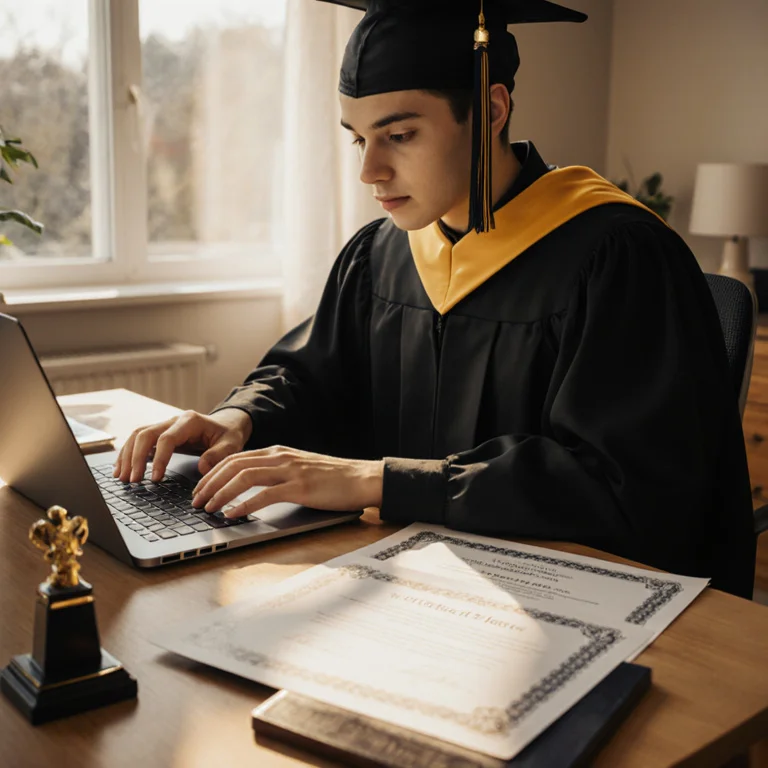 Recent graduate updating a professional online profile at a home desk adding honours and skills sections to highlight academic achievements