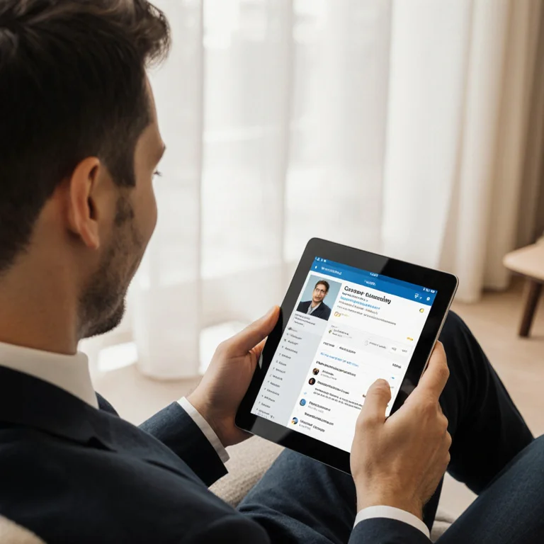 Experienced professional reviewing their completed LinkedIn profile on a tablet without a GPA listed focusing on career achievements